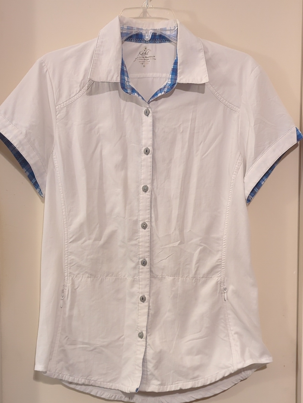 Kuhl Wanderer White Short Sleeve Button-Down with Blue Plaid Trim